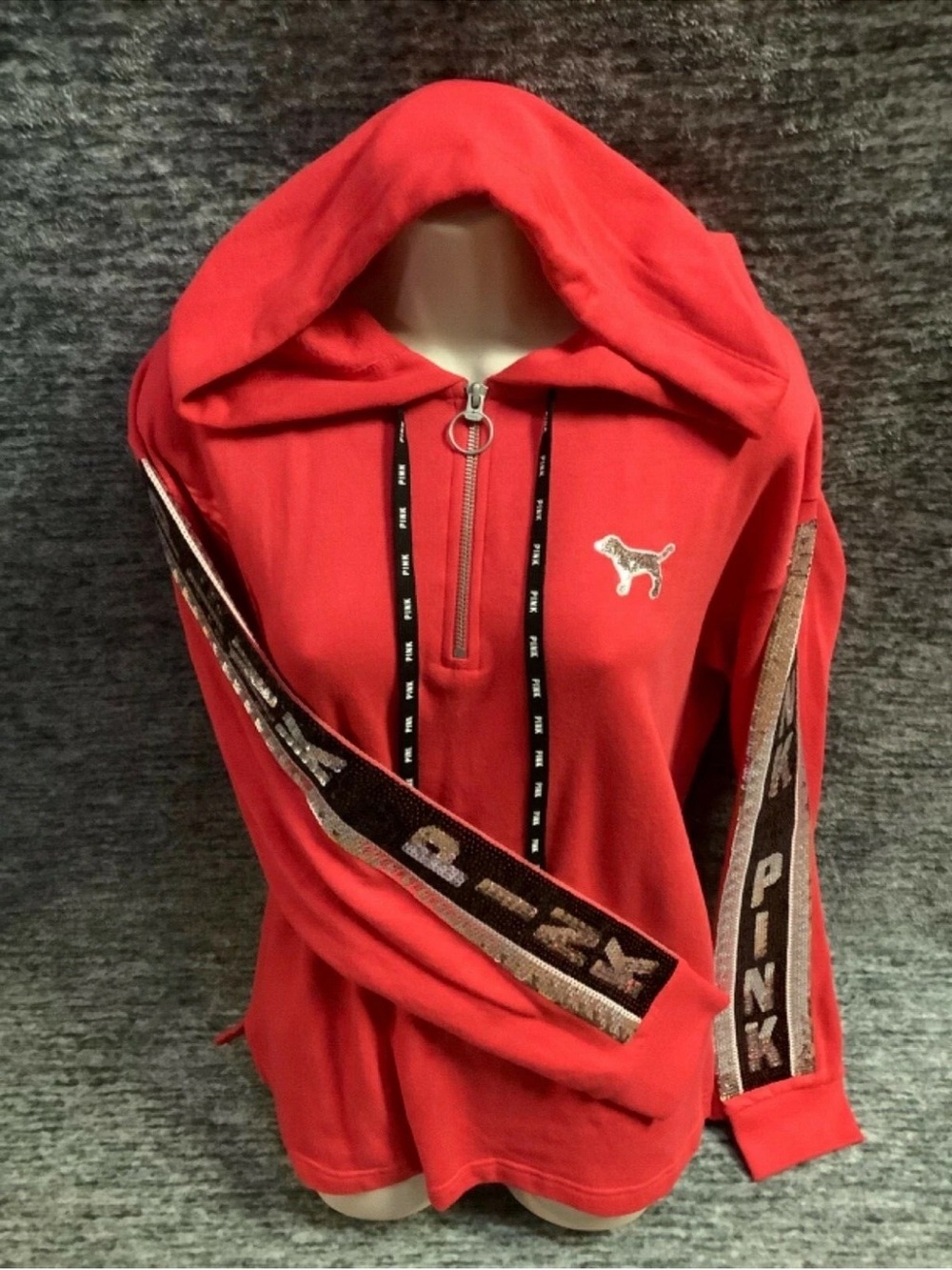 Victoria's Secret Pink Bling Campus Tunic Hoodie Neon Candy Coral Silver M